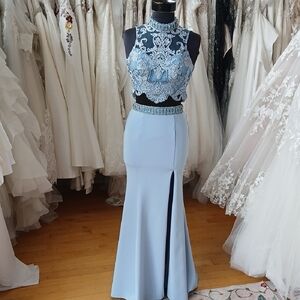 Two-Piece Light Blue Embellished Prom Dress